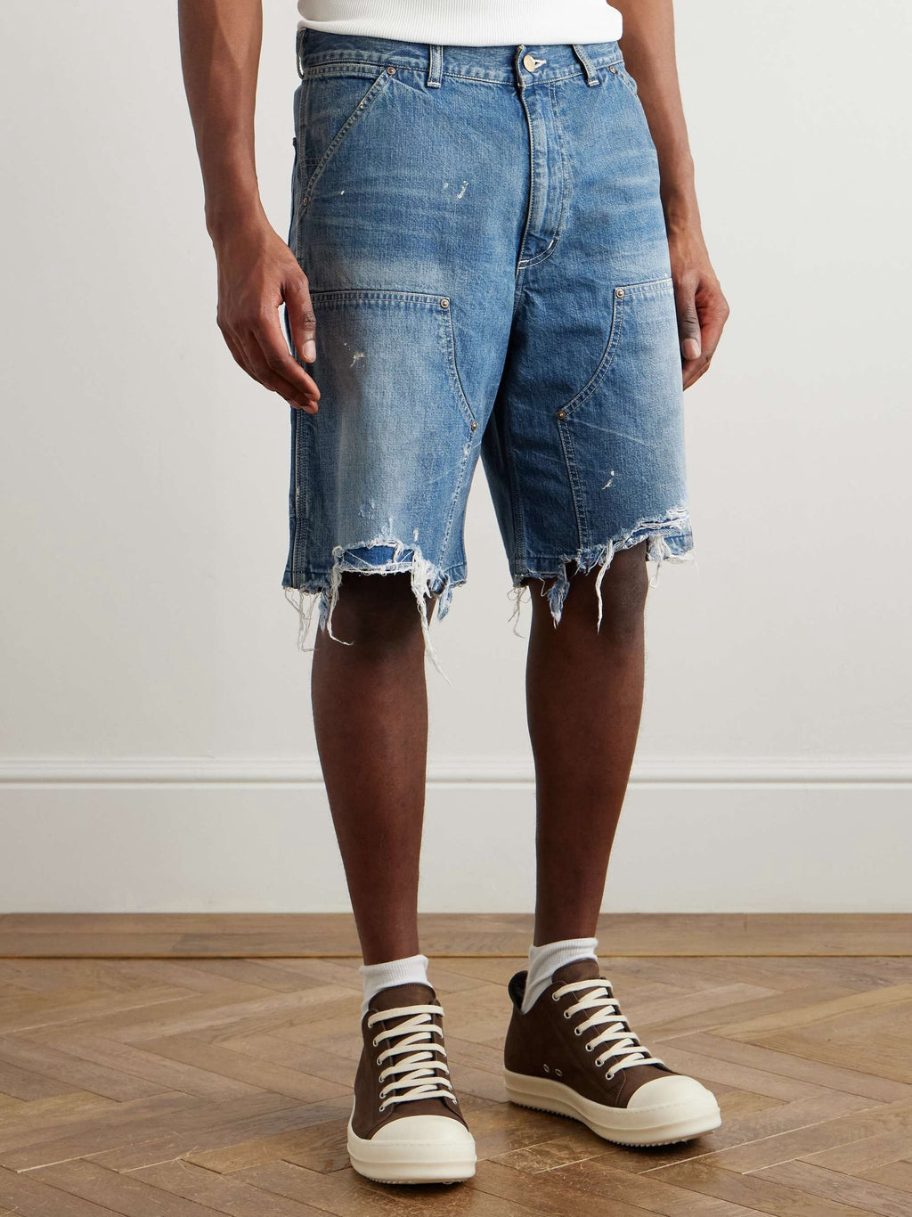 Saint Michael Straight-Leg Distressed Denim Shorts